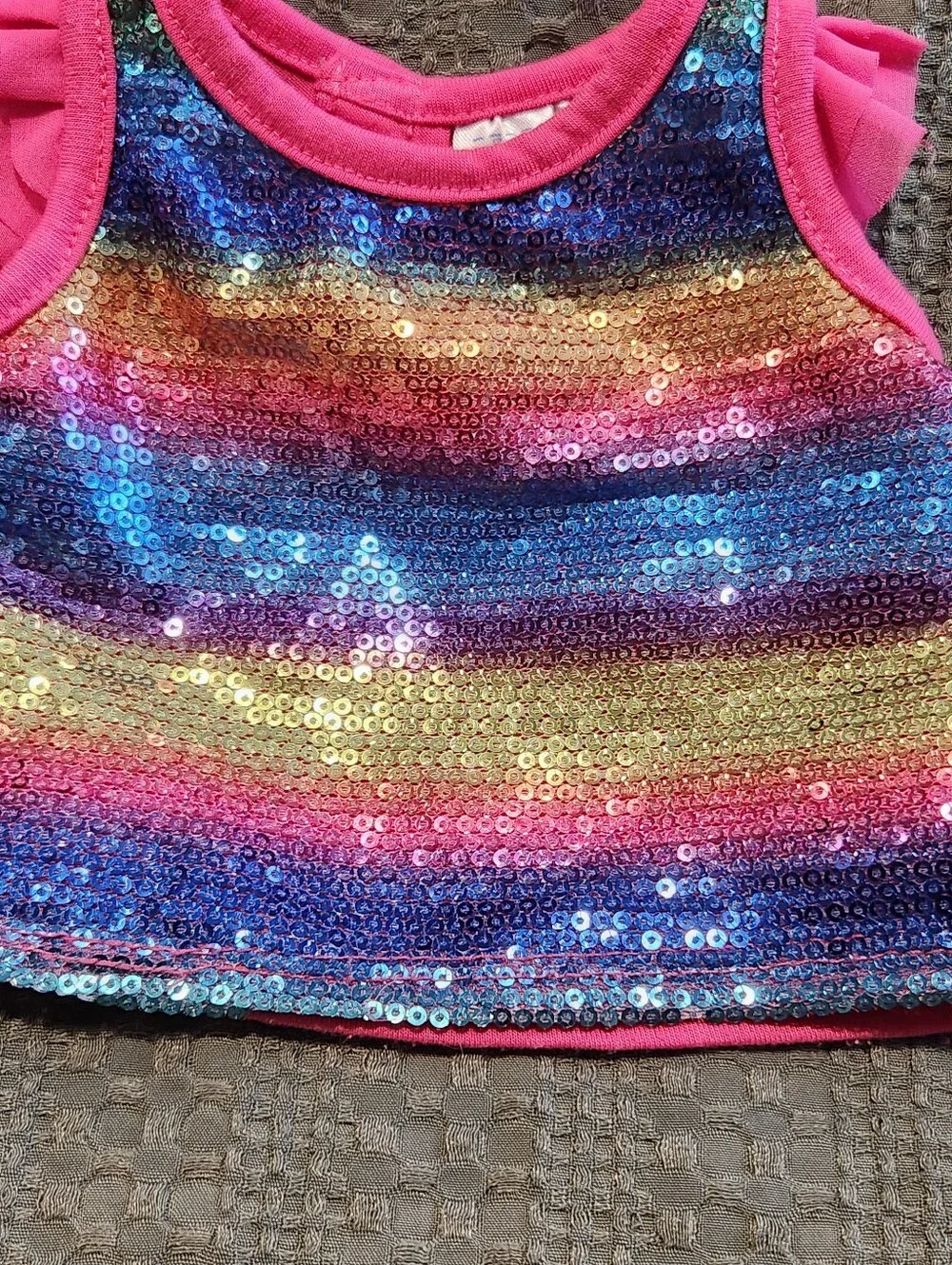 BABW Build A Bear Workshop Pink Rainbow Shimmer Top Shirt Tulle Ruffle Sleeve